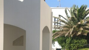 A white building with a curved entrance and a palm tree in the background. - Traditional island house (Andros)
