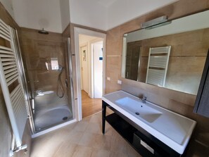 Shower, hair dryer, bidet, towels