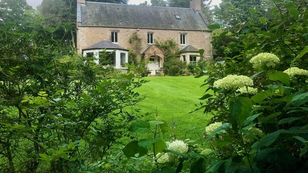Une grande maison avec une pelouse bien entretenue et un petit jardin à l’avant.