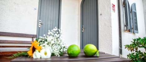 A table with a floral arrangement and two green fruits in front of a house with two grey doors and a number '69' sign.
