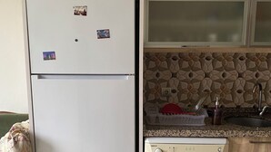 Una cocina compacta con refrigerador, lavavajillas y encimera de granito.