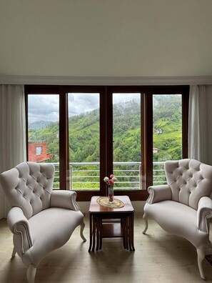Departamento básico, balcón, vista a la montaña | Área de sala de estar