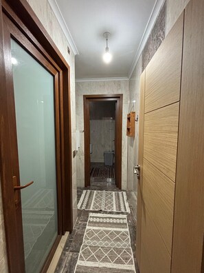 A hallway with a wooden door, a glass door, a patterned rug, and a ceiling light. - Green House 1934 (Çamlıhemşin)