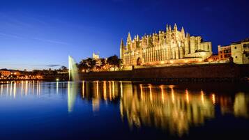 Una catedral histórica con arquitectura gótica, una masa de agua que se refleja en ella y una fuente a la izquierda.