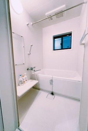 Hair dryer, towels, soap, toilet paper
