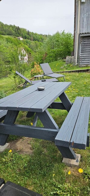 A picnic table in a grassy area with a house in the background. - House on the river (La Bresse)