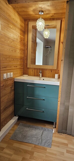 A wooden-paneled bathroom with a sink, mirror, and chandelier. - House on the river (La Bresse)