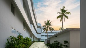 Un edificio moderno con un vialetto in mattoni, circondato da piante e palme.