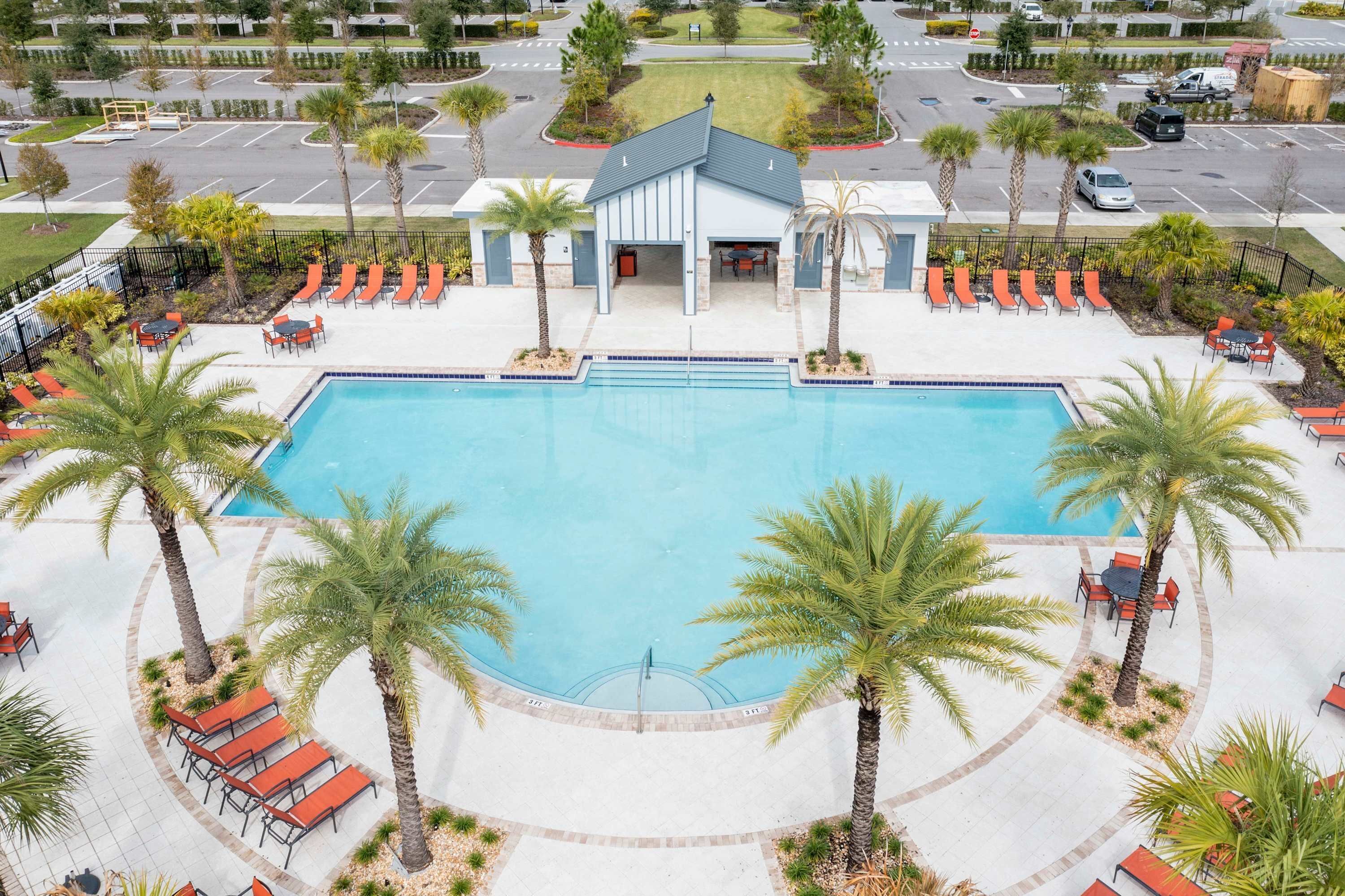 A pool area with lounge chairs and palm trees.