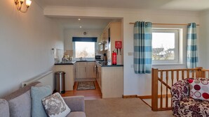 A compact living space with a kitchenette, a sofa, a baby gate, and a window with curtains.