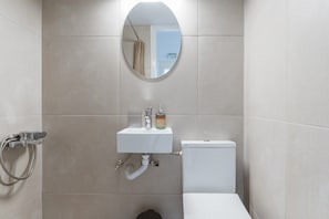 Une salle de bain comprenant des toilettes, un lavabo avec un miroir au-dessus, et une pomme de douche.