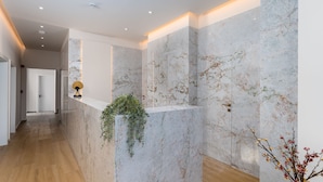 A modern reception area with marble walls, a wooden floor, and a plant on a counter. - Selected Suites  (Chania)