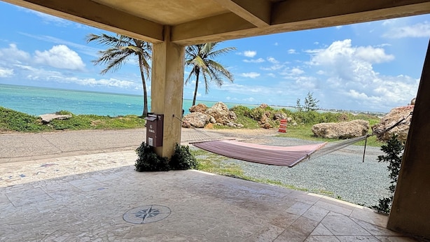 A covered outdoor area with a view of the ocean, palm trees, and a hammock. - BednBong Experience Stay (Arecibo)