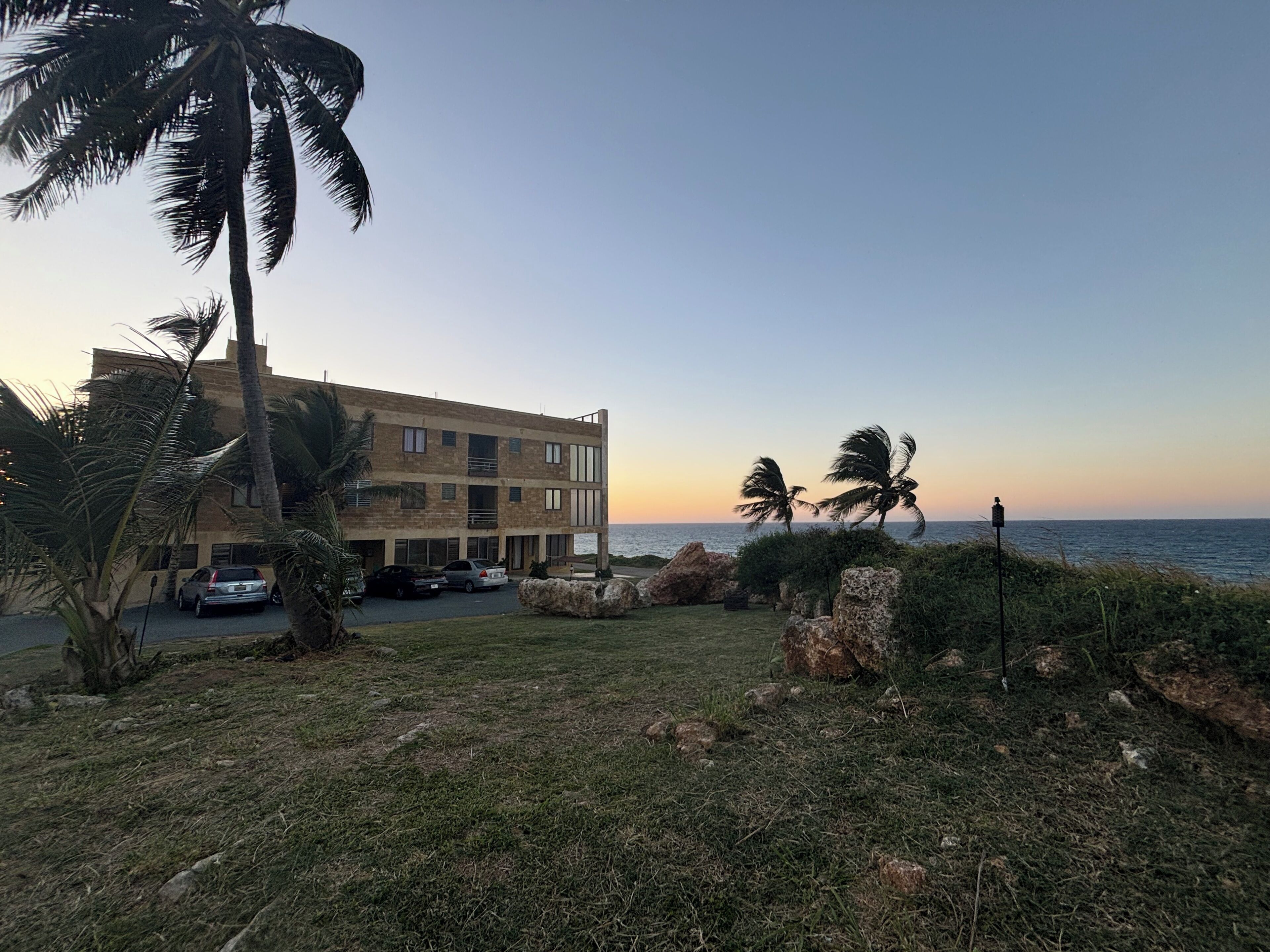Un edificio frente al mar con estacionamiento, palmeras y vistas al océano.