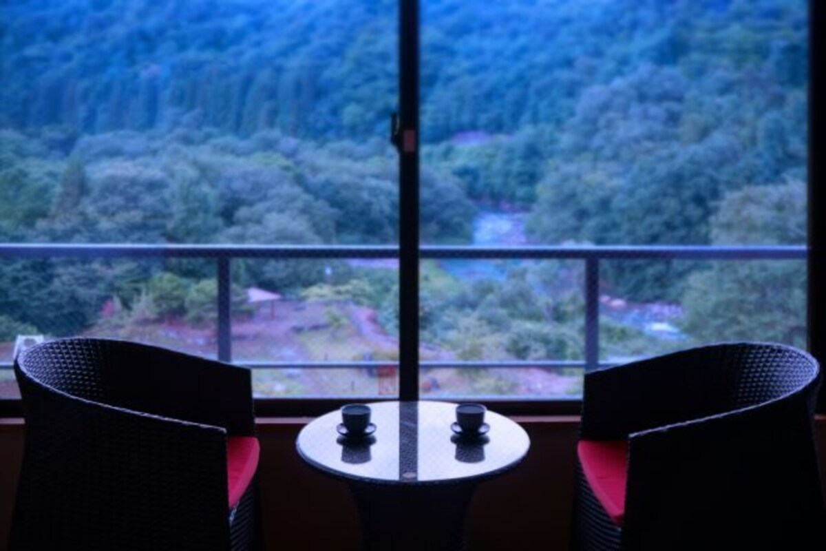 Habitación con dos sillas mirando hacia una ventana con vista a un área boscosa.