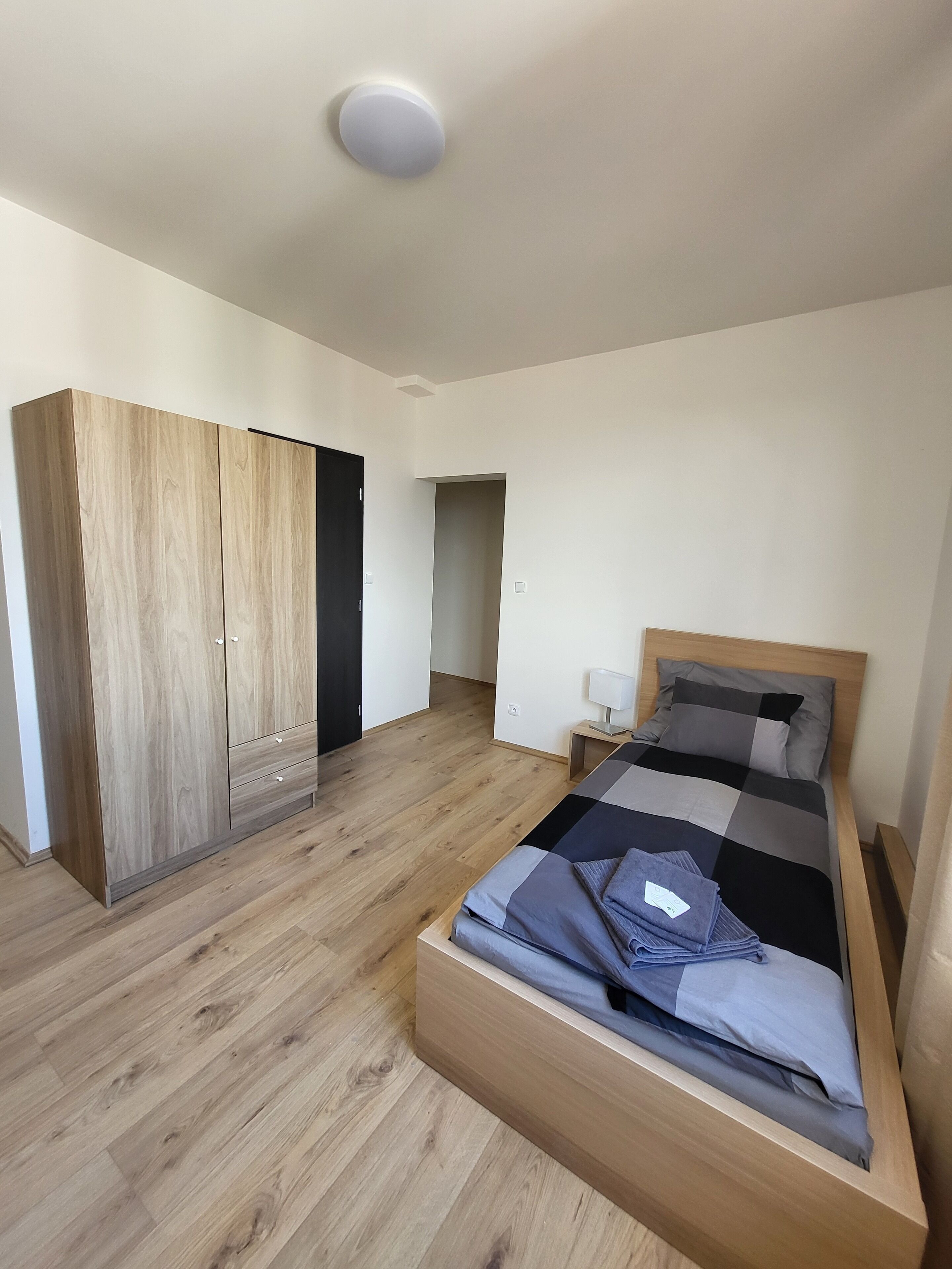 A bedroom with a wooden bed, a wardrobe, and a door leading to another room.
