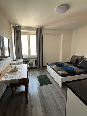 A compact bedroom with a bed, a small table with a plant, a window with curtains, and a radiator. - Apartmá Maria (Brno)