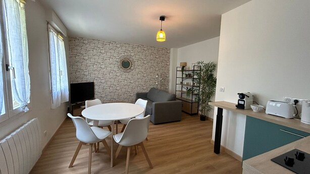 Un salon moderne avec un mur en pierre, une table ronde entourée de chaises, un canapé gris, un téléviseur, une plante et un coin cuisine avec un grille-pain.