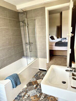 Hair dryer, towels, soap, toilet paper