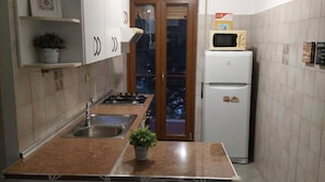 Een compacte keuken met een gasfornuis, een spoelbak, een magnetron en een koelkast. Op het aanrecht staan potplanten.