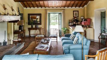 Télévision, cheminée, lecteur de DVD, chaîne hi-fi