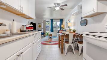 Fridge, microwave, oven, coffee/tea maker