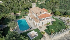 Un'ampia casa con piscina, immersa in un prato curato e alberi.
