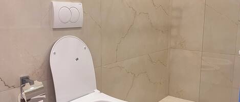 A modern bathroom with a toilet, bidet, and a glass shower enclosure.
