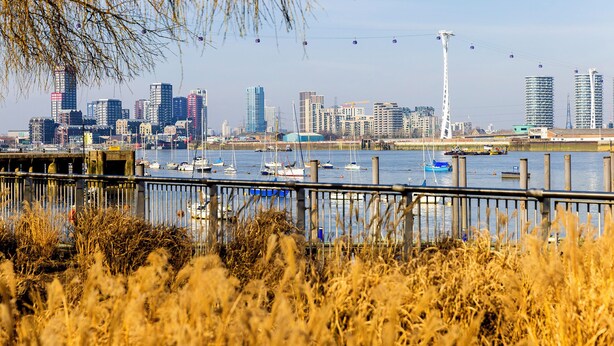 Un paisaje urbano frente al agua, con un puerto deportivo, barcos y rascacielos.