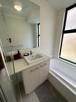 Shower, eco-friendly toiletries, hair dryer, towels