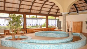 Un espace piscine agrémenté de motifs en mosaïque, de bancs en bois et de plantes en pot.