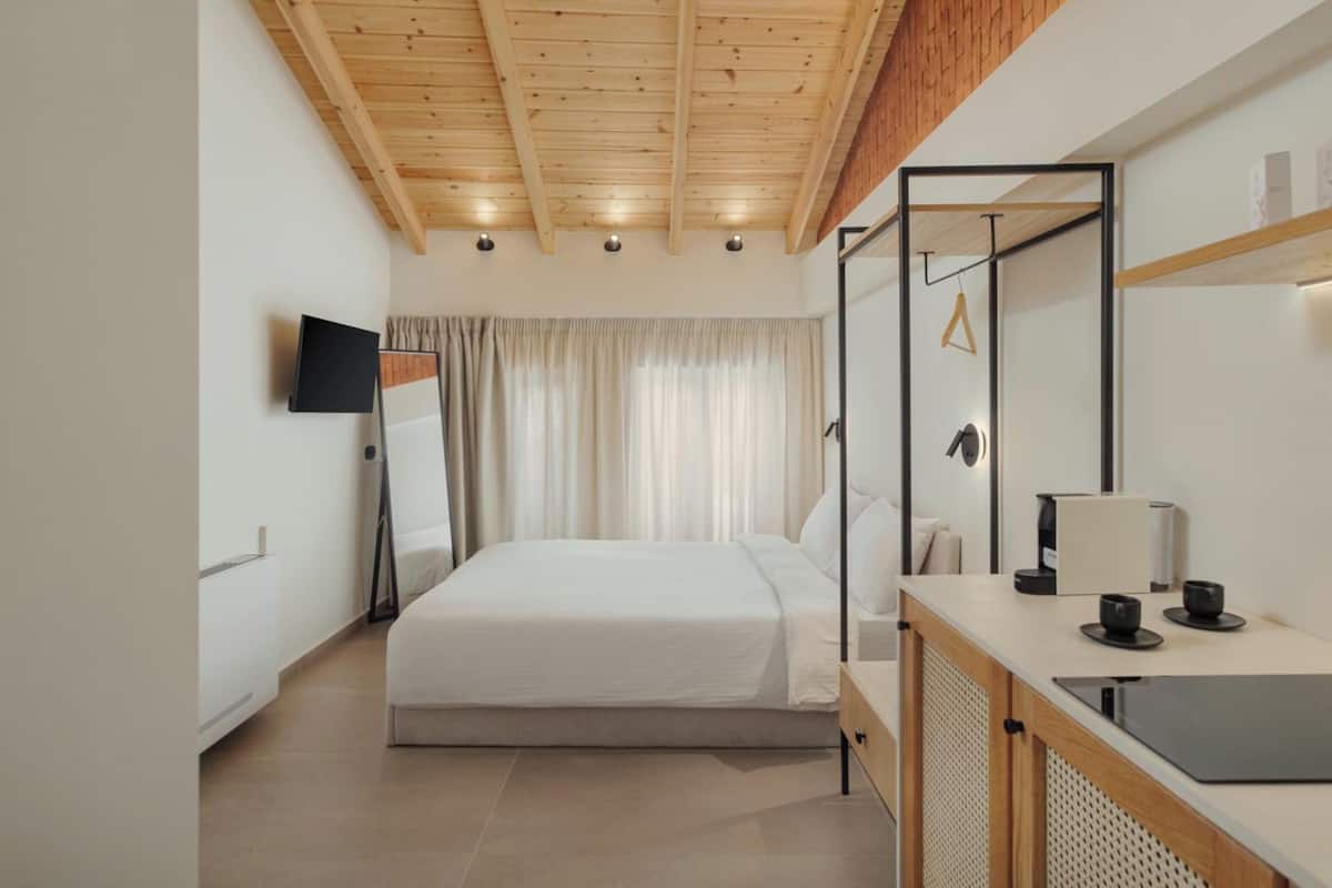 Quarto moderno com teto de madeira, uma cama, uma TV, uma escrivaninha com um laptop e um espelho.