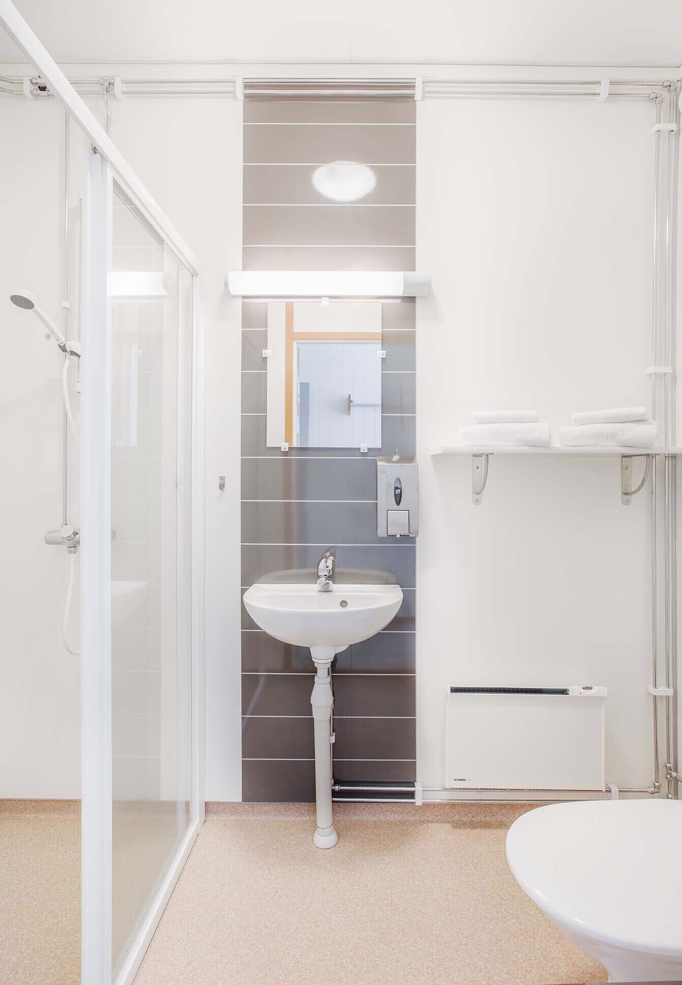 A modern bathroom with a glass shower enclosure, a pedestal sink, and a toilet.