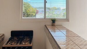 Una cocina con estufa a gas, una ventana que ofrece vistas a edificios y árboles, y un salpicadero de azulejos.