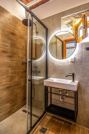 Shower, hair dryer, towels, shampoo