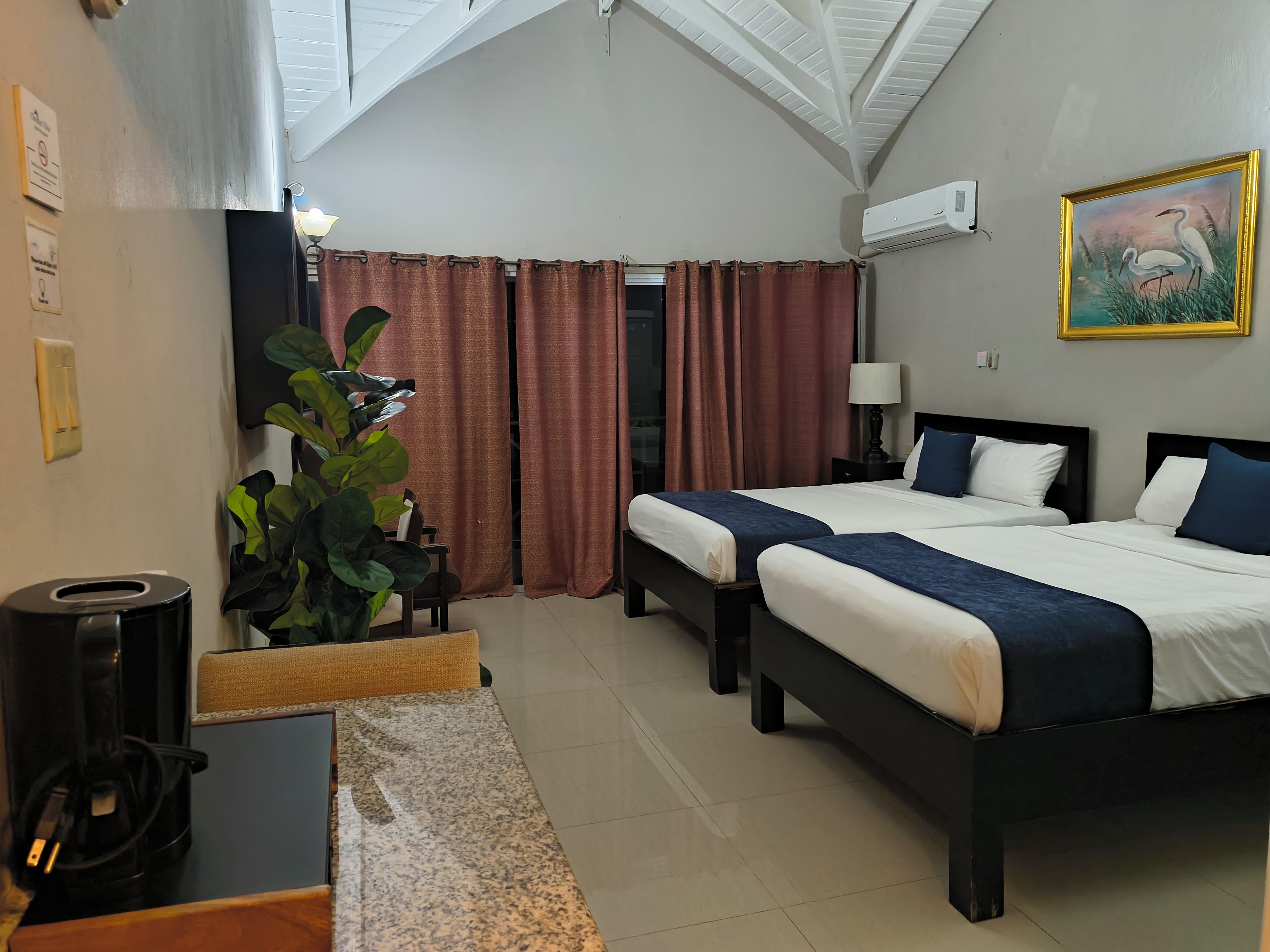 A hotel room with two beds, a desk, a coffee machine, a large plant, and a painting on the wall.