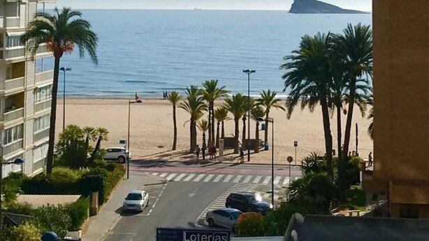 A view of a beach with palm trees, a road, and a building with a floral design.