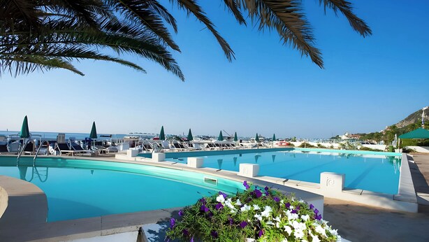 A pool area with lounge chairs and umbrellas, surrounded by palm trees and a clear sky. - Hotiday Room Collection - Circeo (San Felice Circeo)