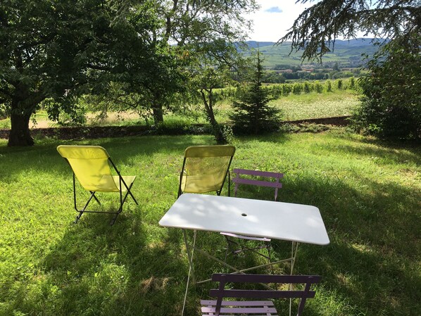 Un área de estar al aire libre con una mesa y dos sillas, rodeada de exuberante vegetación y una vista panorámica de colinas.