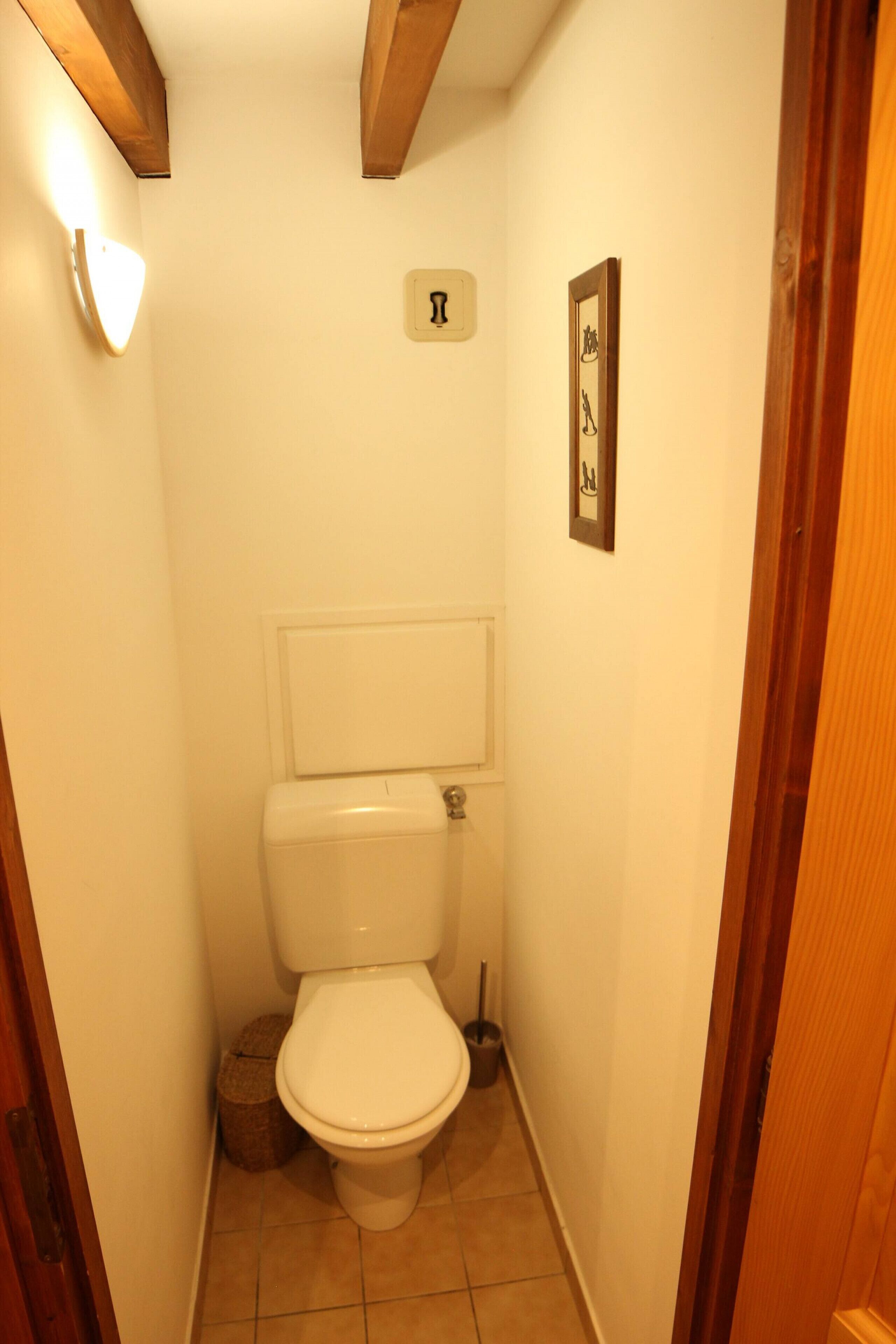 A small, narrow bathroom with a toilet, a wall-mounted light, and a framed picture.