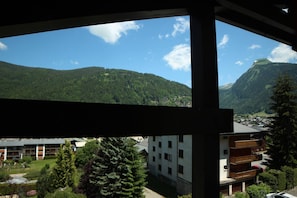 Vista attraverso una finestra: sullo sfondo una montagna, un cortile alberato e un edificio con balconi.