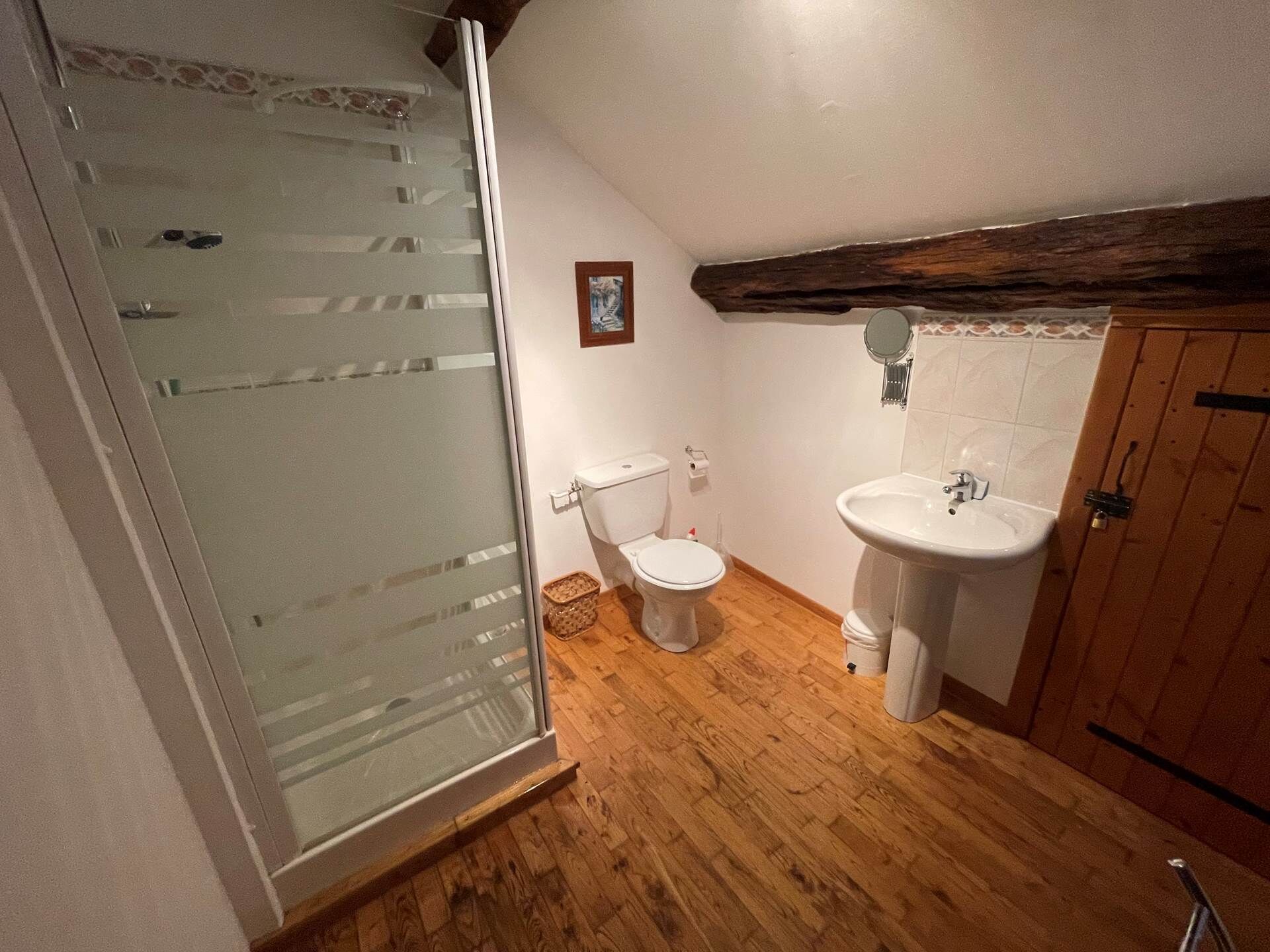 A bathroom with a glass shower door, a toilet, a sink, and wooden flooring.
