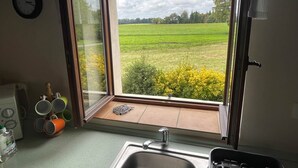 A kitchen with a sink, a window with a view of a green field and trees, and a clock on the wall.