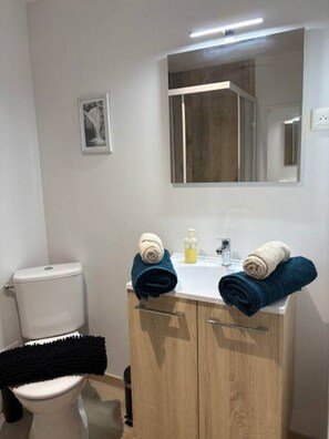 Secador de cabelo, toalhas de banho