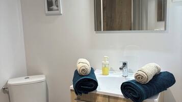 Dusche, Haartrockner, Handtücher, Seife