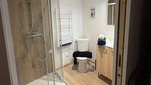 A modern bathroom with a glass shower enclosure, a toilet, and a sink area. - Le - Studio - Louana (Aubusson)