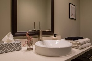 Un bagno con un lavandino bianco grande, uno specchio, un portatovaglioli di carta, un piccolo vaso con fiori secchi e asciugamani piegati con cura.