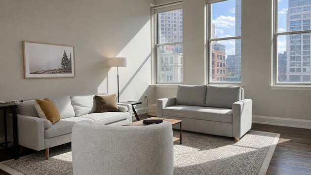 A modern living room with two sofas, a coffee table, and a floor lamp.