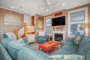 TV, fireplace, DVD player, books