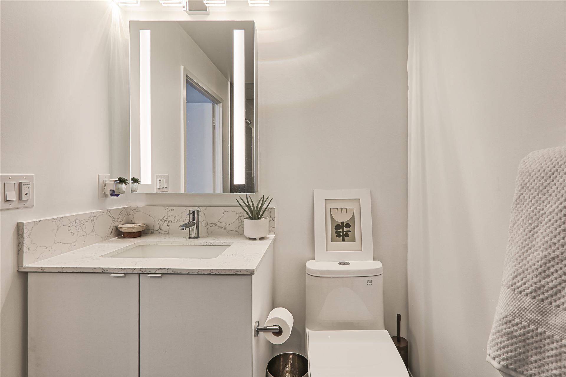 Un bany modern amb un lavabo de marbre, un vàter i una fotografia encadrada a la paret.